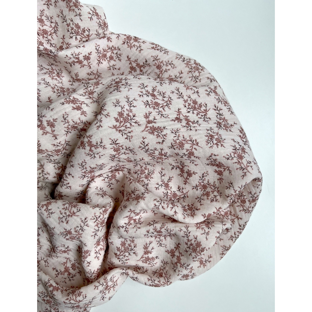 Meriem - Double gaze de coton BIO rose poudré à motifs fleuris Tissus issus de l'agriculture biologique  - 9