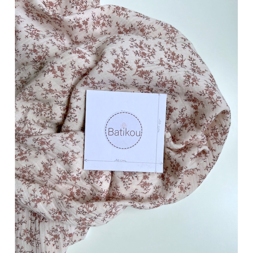 Meriem - Double gaze de coton BIO rose poudré à motifs fleuris Tissus issus de l'agriculture biologique  - 7