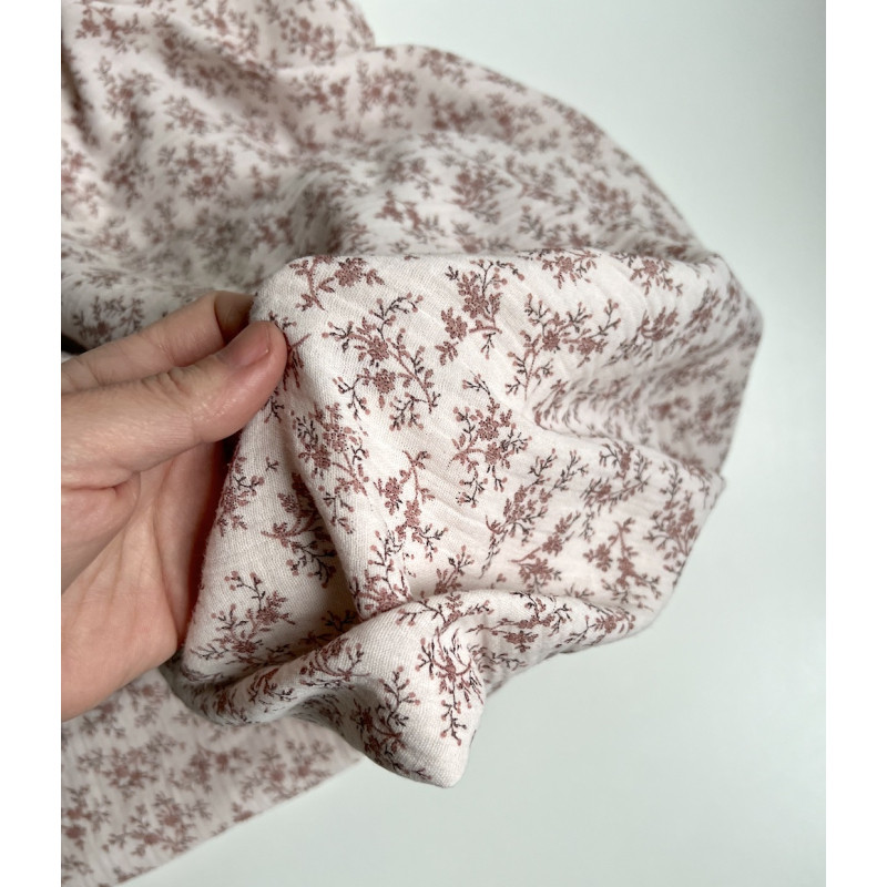 Meriem - Double gaze de coton BIO rose poudré à motifs fleuris Tissus issus de l'agriculture biologique  - 10