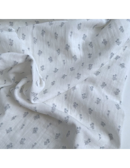 Madeleine - Double gaze de coton BIO blanc motif tulipes brume Tissus issus de l'agriculture biologique  - 1