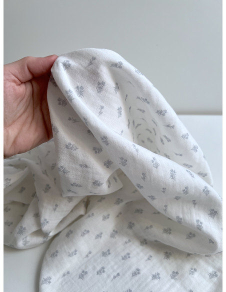 Madeleine - Double gaze de coton BIO blanc motif tulipes brume Tissus issus de l'agriculture biologique  - 2