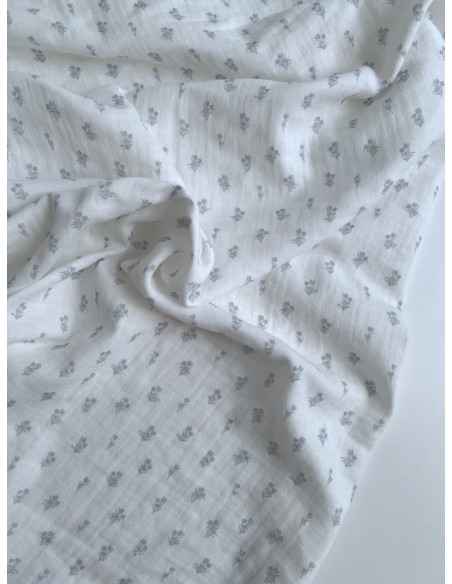 Madeleine - Double gaze de coton BIO blanc motif tulipes brume Tissus issus de l'agriculture biologique  - 4