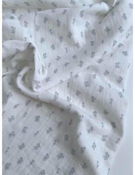 Madeleine - Double gaze de coton BIO blanc motif tulipes brume Tissus issus de l'agriculture biologique  - 5