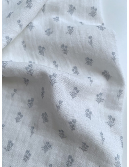 Madeleine - Double gaze de coton BIO blanc motif tulipes brume Tissus issus de l'agriculture biologique  - 6