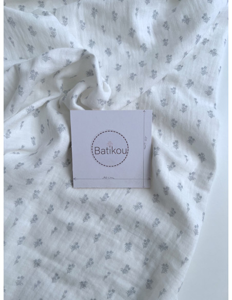 Madeleine - Double gaze de coton BIO blanc motif tulipes brume Tissus issus de l'agriculture biologique  - 7