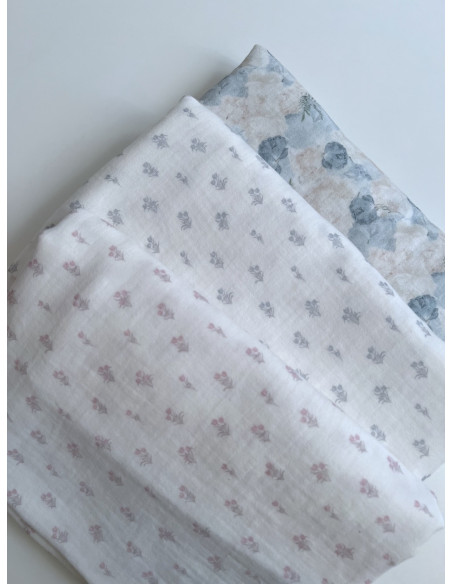 Madeleine - Double gaze de coton BIO blanc motif tulipes brume Tissus issus de l'agriculture biologique  - 9