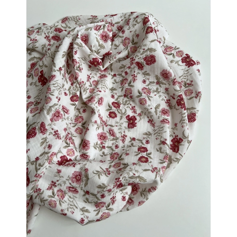 Romy - Double gaze de coton BIO blanc motif pourpre et vert Tissus issus de l'agriculture biologique  - 3