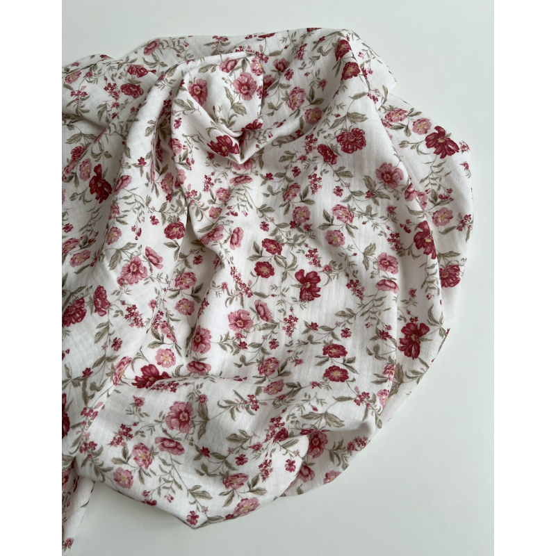 Romy - Double gaze de coton BIO blanc motif pourpre et vert Tissus issus de l'agriculture biologique  - 3