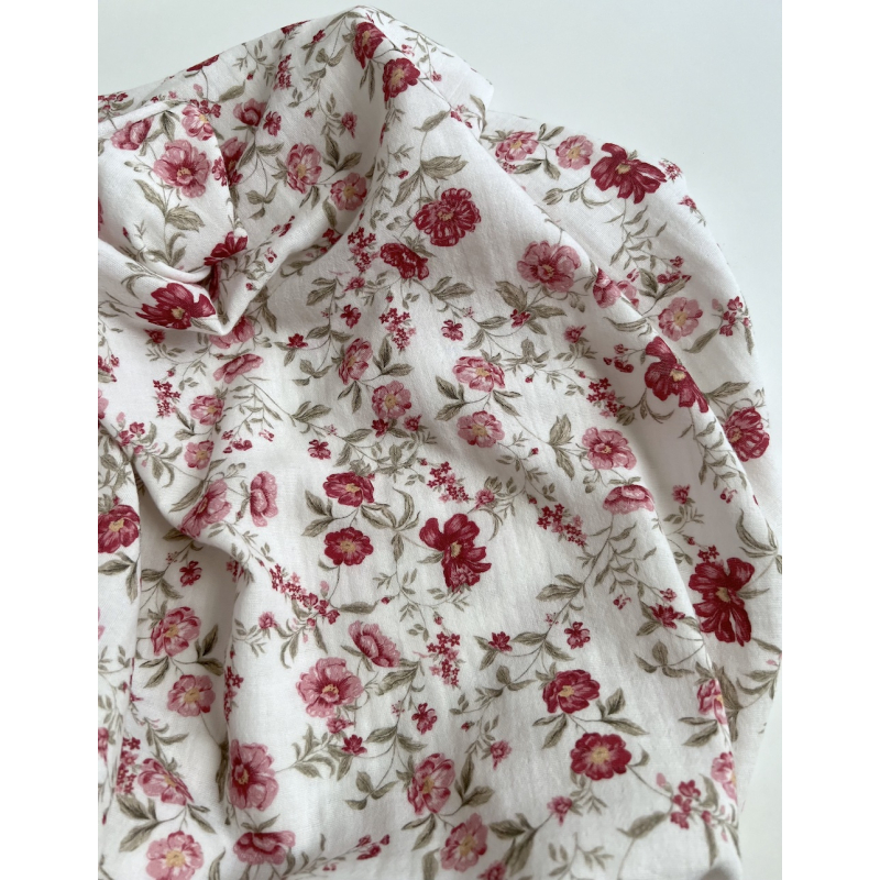 Romy - Double gaze de coton BIO blanc motif pourpre et vert Tissus issus de l'agriculture biologique  - 4