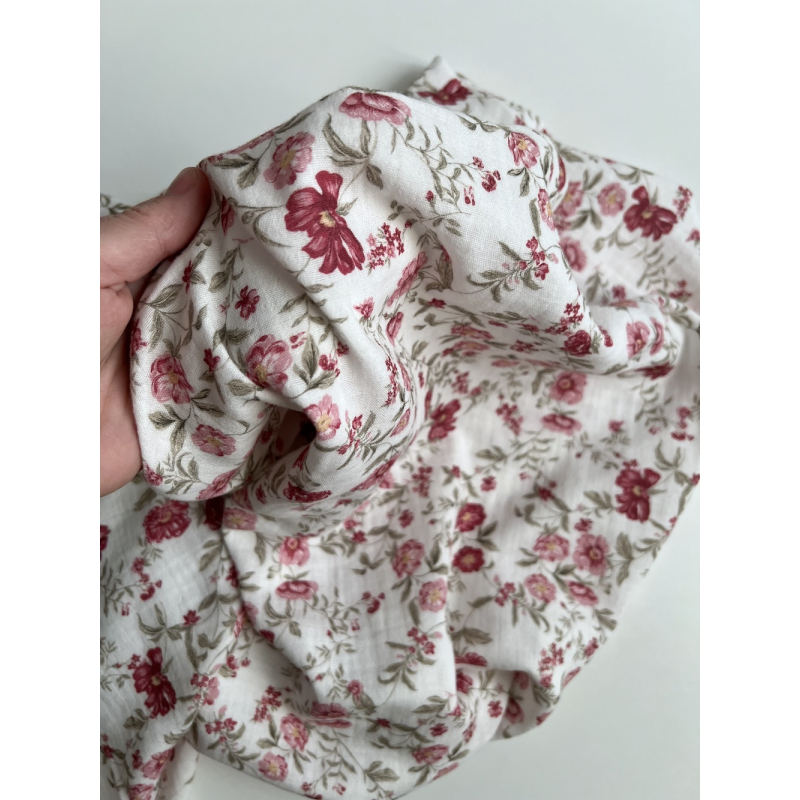 Romy - Double gaze de coton BIO blanc motif pourpre et vert Tissus issus de l'agriculture biologique  - 6