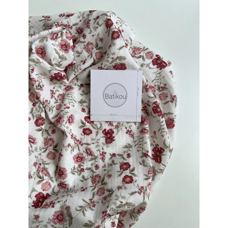 Romy - Double gaze de coton BIO blanc motif pourpre et vert Tissus issus de l'agriculture biologique  - 7