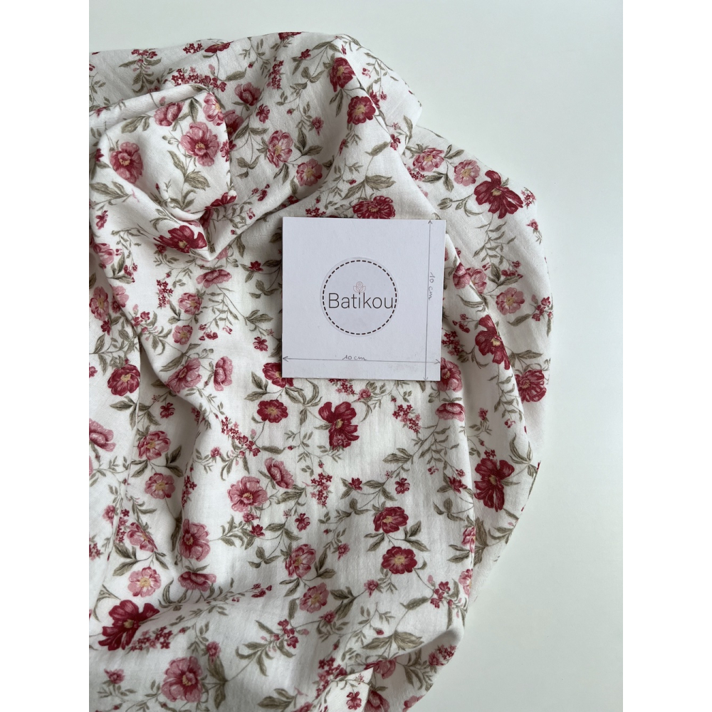 Romy - Double gaze de coton BIO blanc motif pourpre et vert Tissus issus de l'agriculture biologique  - 7