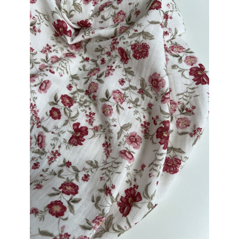 Romy - Double gaze de coton BIO blanc motif pourpre et vert Tissus issus de l'agriculture biologique  - 8