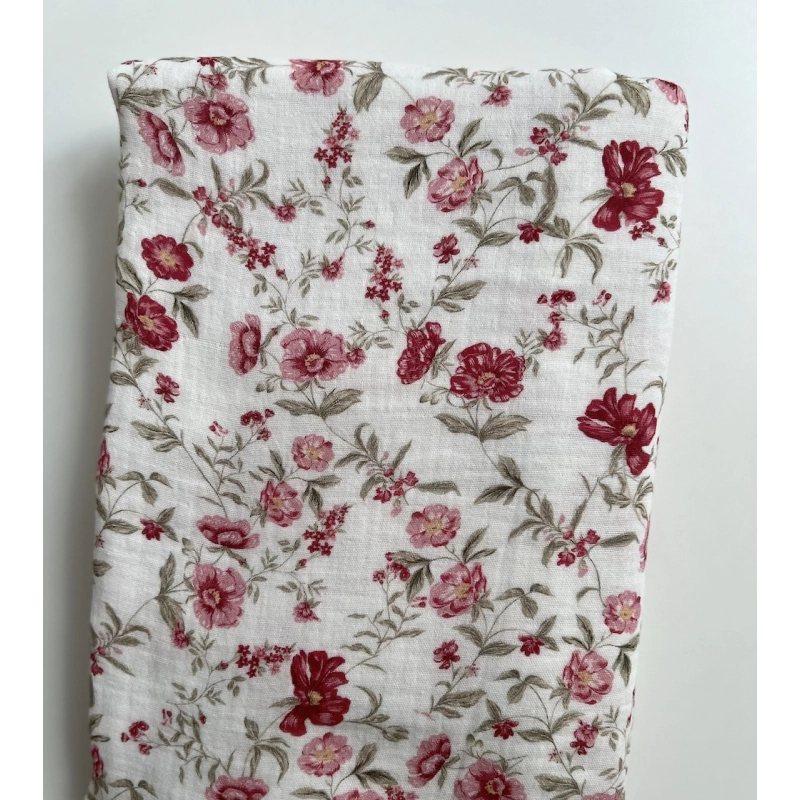 Romy - Double gaze de coton BIO blanc motif pourpre et vert Tissus issus de l'agriculture biologique  - 10