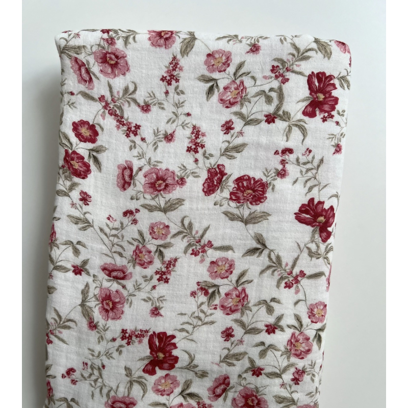 Romy - Double gaze de coton BIO blanc motif pourpre et vert Tissus issus de l'agriculture biologique  - 10