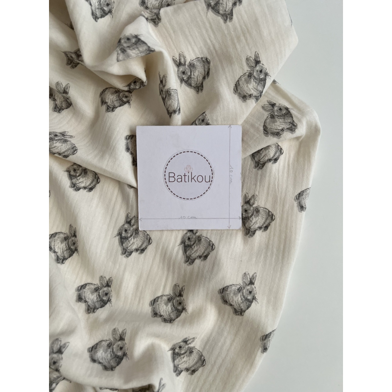 Double gaze de coton BIO écru motif exclusif lapins Tissus issus de l'agriculture biologique  - 4