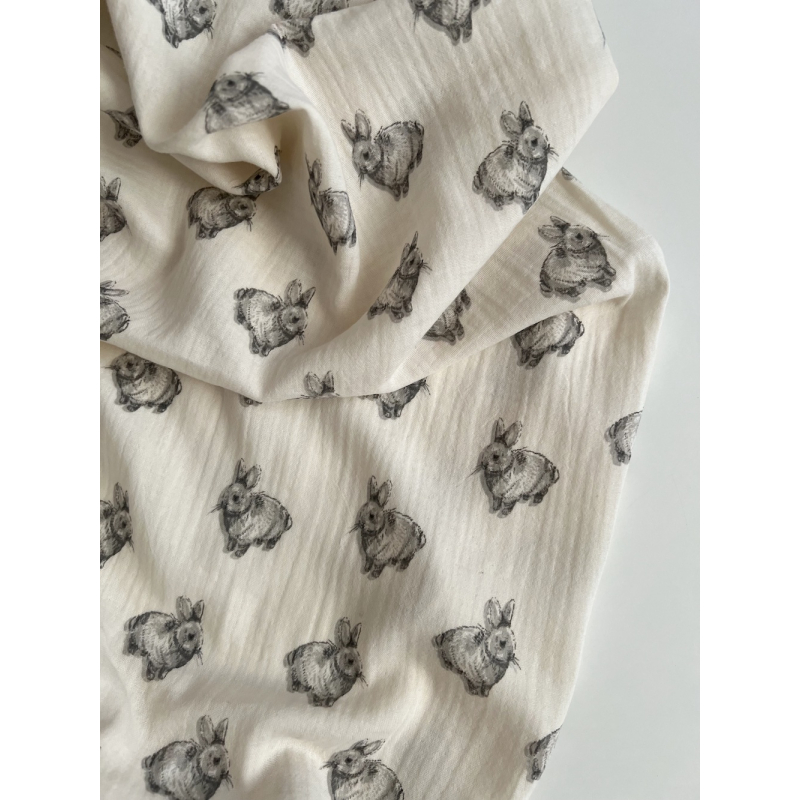 Double gaze de coton BIO écru motif exclusif lapins Tissus issus de l'agriculture biologique  - 5
