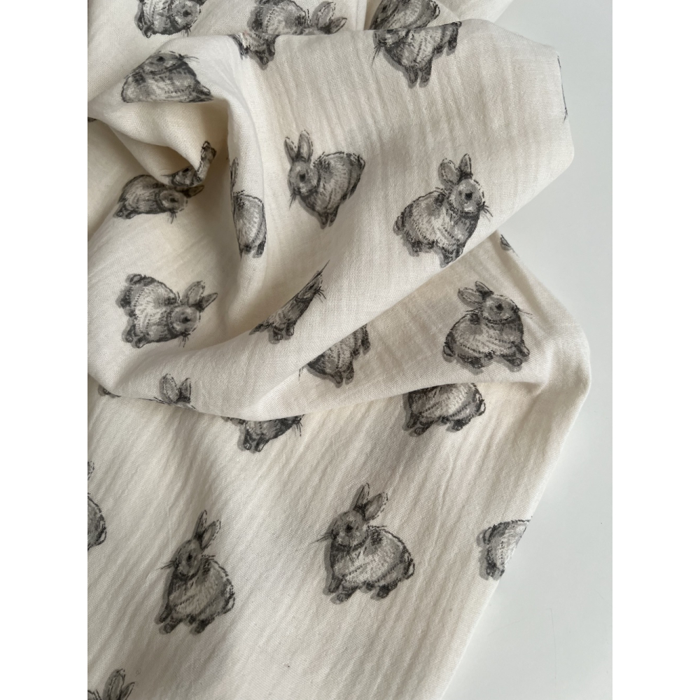 Double gaze de coton BIO écru motif exclusif lapins Tissus issus de l'agriculture biologique  - 6