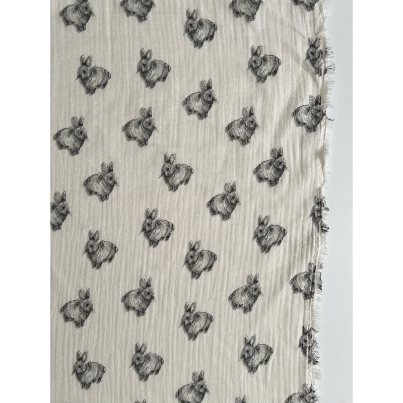 Double gaze de coton BIO écru motif exclusif lapins Tissus issus de l'agriculture biologique  - 10