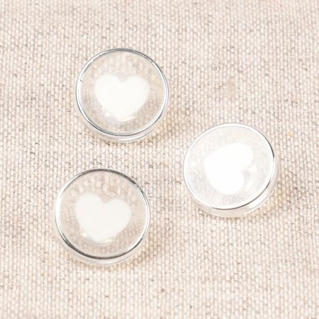 Bouton à queue coeur 11mm en résine / coloris argent et blanc Batikou - 1 Bouton à queue coeur 11mm en résine / coloris argent et blanc Batikou - 1