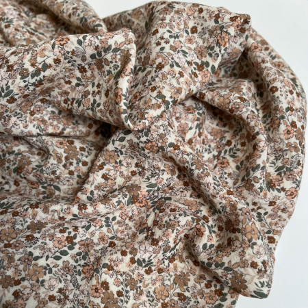Double gaze de coton imprimé fleuri teintes camel Qualité Oeko-tex - 1