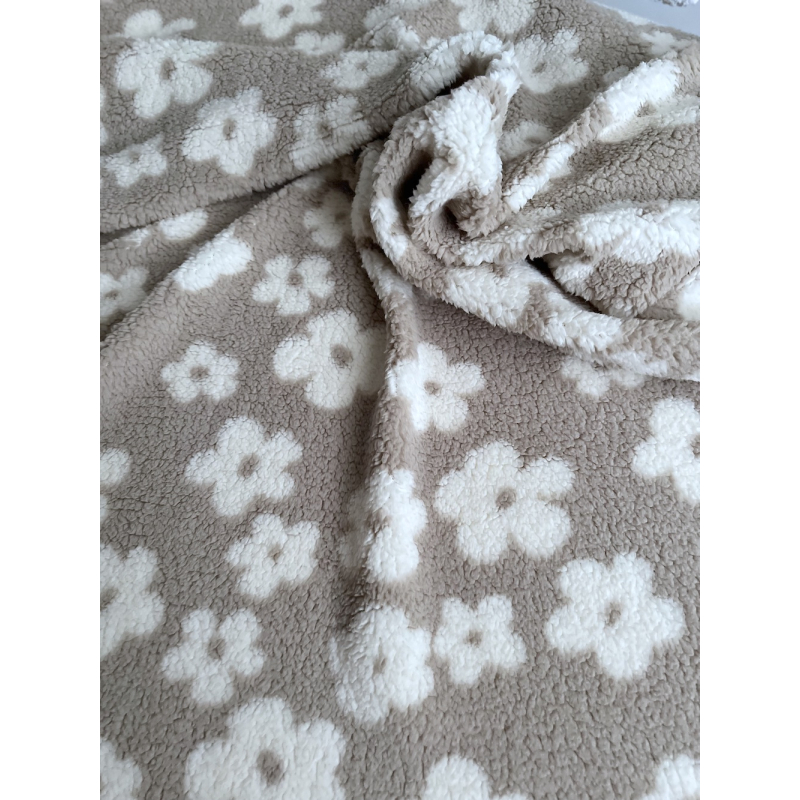 Teddy / moumoute bouclé fond grège motif fleurs Mailles - 5