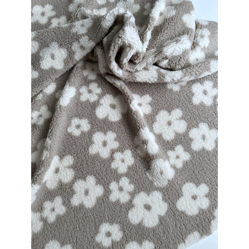Teddy / moumoute bouclé fond grège motif fleurs Mailles - 4