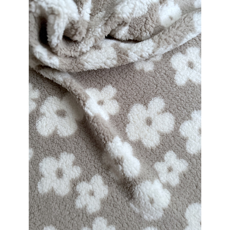 Teddy / moumoute bouclé fond grège motif fleurs Mailles - 6