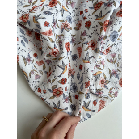 Colibri - Double gaze de coton motif fleuri tons bleu - rouge Tissus issus de l'agriculture biologique  - 2