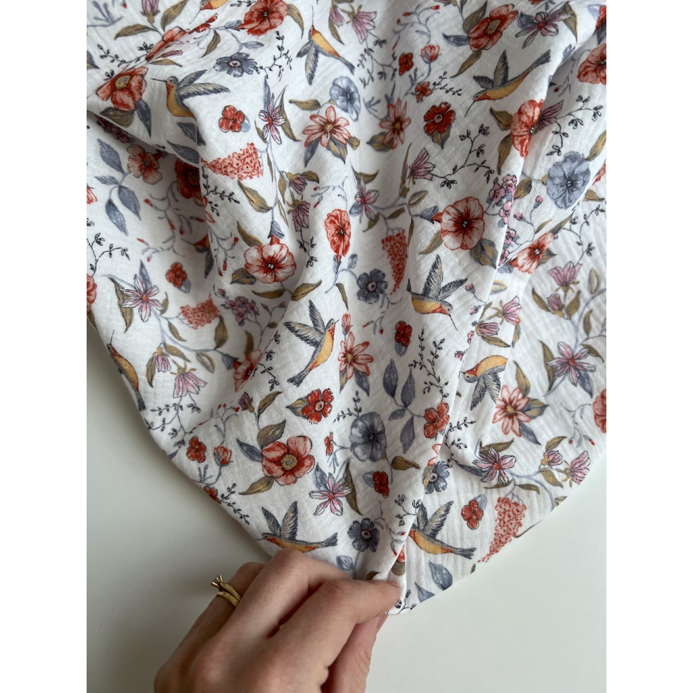 Colibri - Double gaze de coton motif fleuri tons bleu - rouge Tissus issus de l'agriculture biologique  - 2