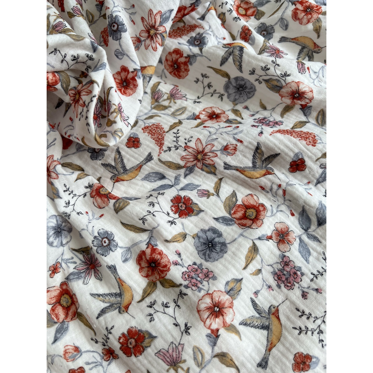 Colibri - Double gaze de coton motif fleuri tons bleu - rouge Tissus issus de l'agriculture biologique  - 4