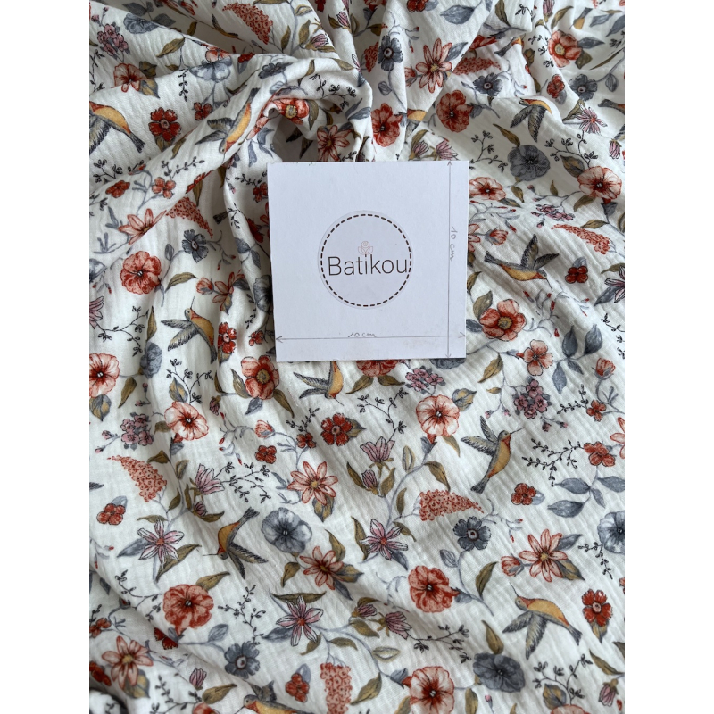 Colibri - Double gaze de coton motif fleuri tons bleu - rouge Tissus issus de l'agriculture biologique  - 5