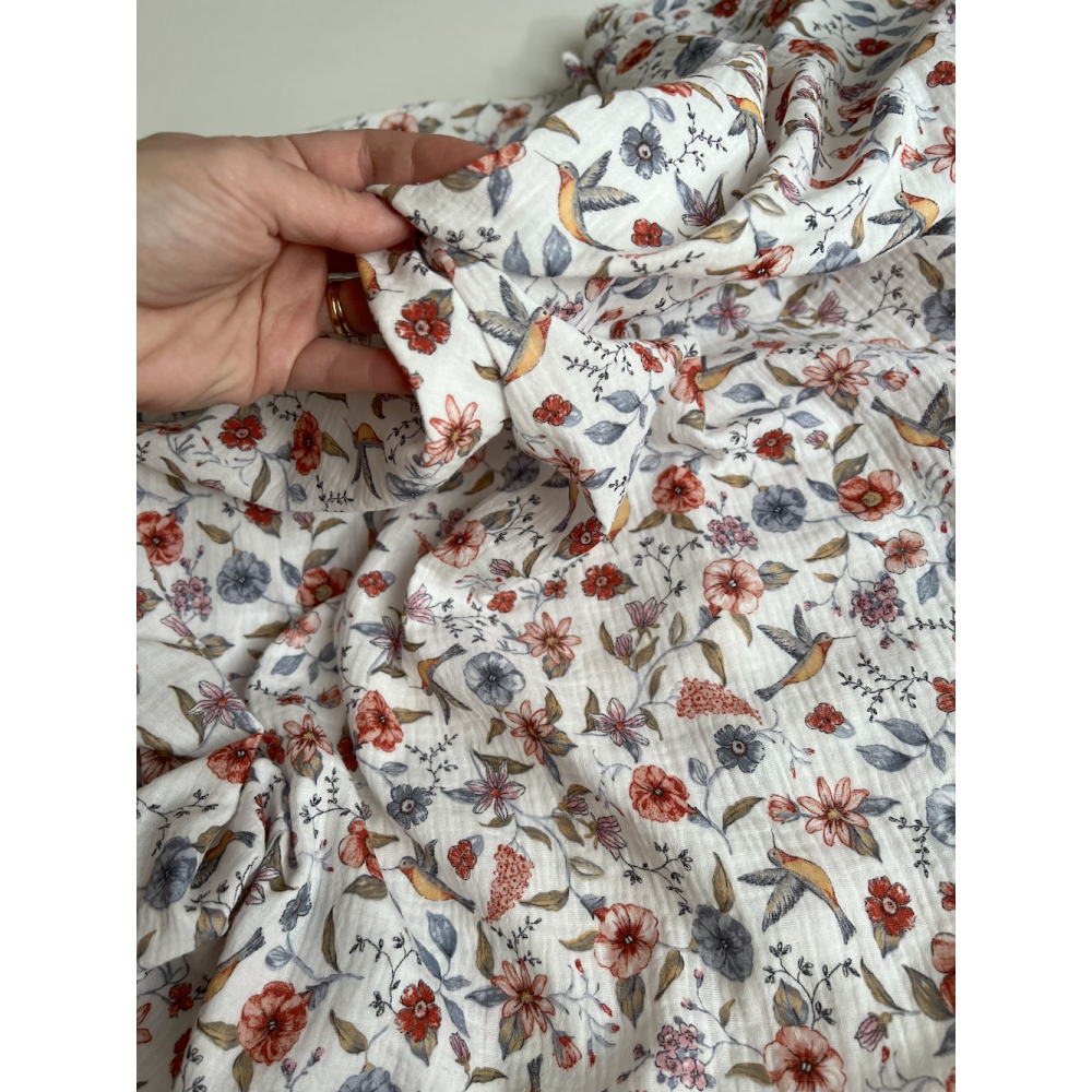 Colibri - Double gaze de coton motif fleuri tons bleu - rouge Tissus issus de l'agriculture biologique  - 6