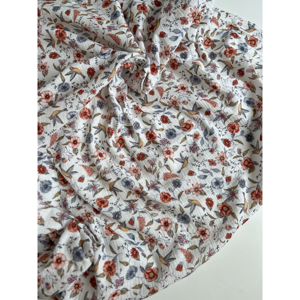 Colibri - Double gaze de coton motif fleuri tons bleu - rouge Tissus issus de l'agriculture biologique  - 7