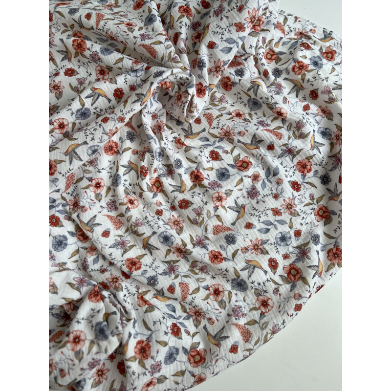 Colibri - Double gaze de coton motif fleuri tons bleu - rouge Tissus issus de l'agriculture biologique  - 7