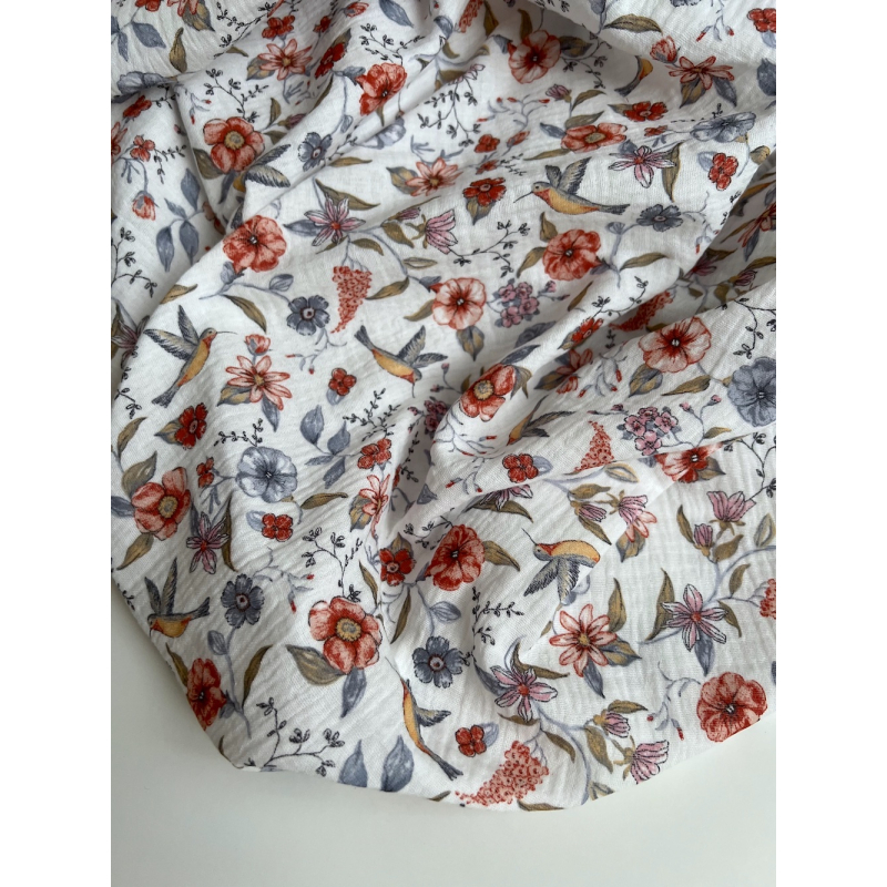 Colibri - Double gaze de coton motif fleuri tons bleu - rouge Tissus issus de l'agriculture biologique  - 8