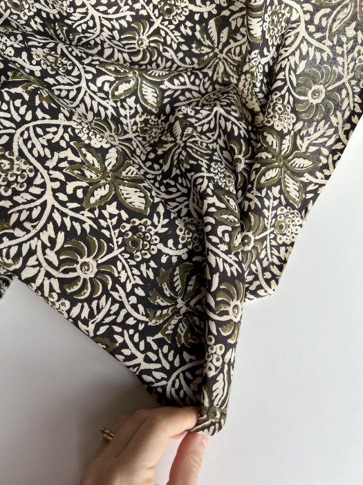 Tissu indien coton hand block traditionnel kaki / noir Batikou - 3