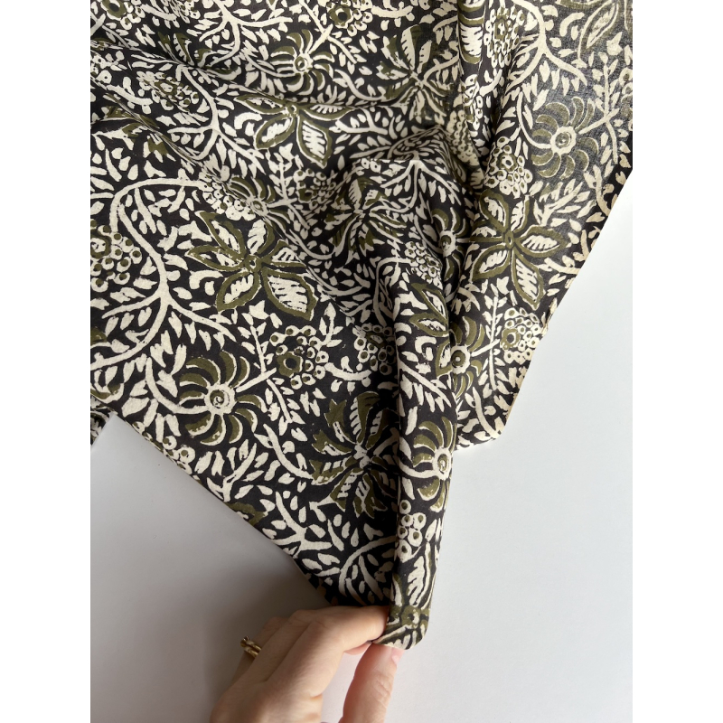 Tissu indien coton hand block traditionnel kaki / noir Batikou - 3
