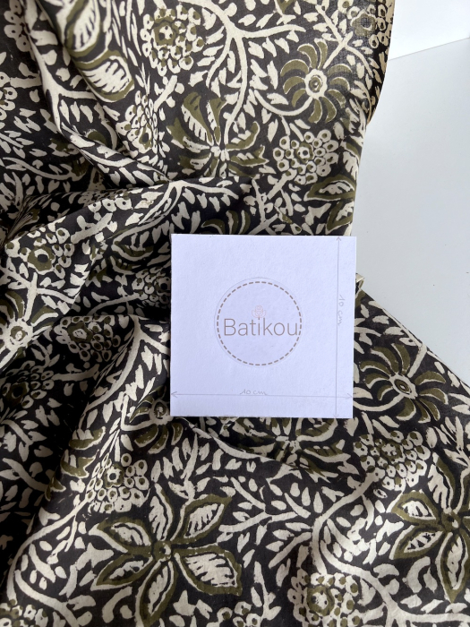 Tissu indien coton hand block traditionnel kaki / noir Batikou - 4