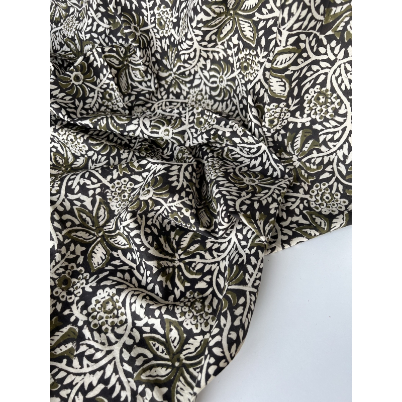 Tissu indien coton hand block traditionnel kaki / noir Batikou - 5