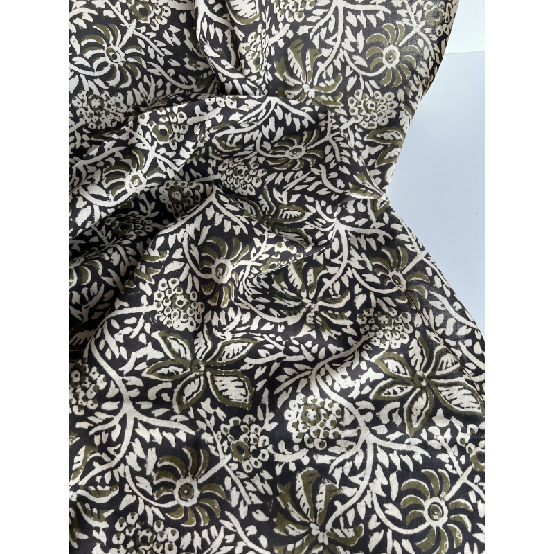 Tissu indien coton hand block traditionnel kaki / noir Batikou - 7