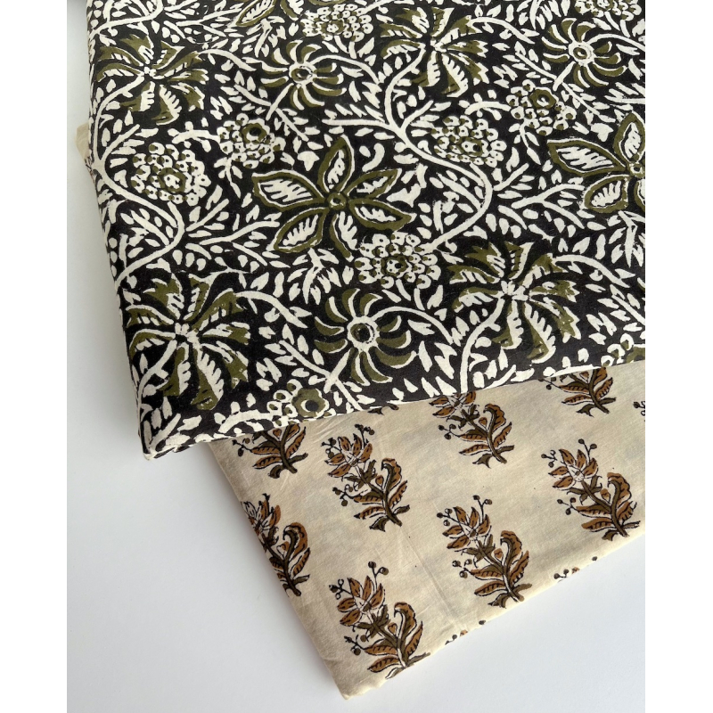 Tissu indien coton hand block traditionnel kaki / écru Batikou - 9