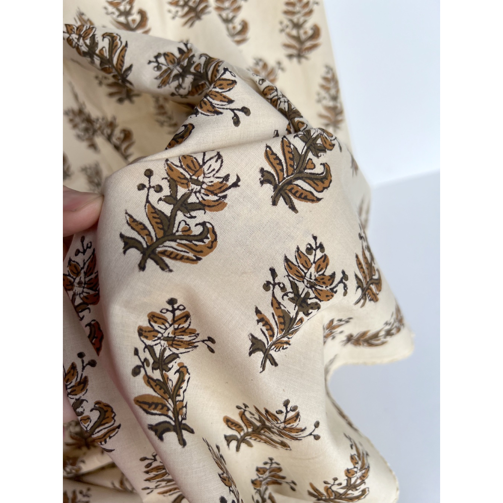 Tissu indien coton hand block traditionnel kaki / écru Batikou - 2