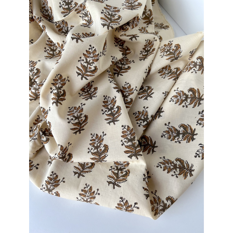 Tissu indien coton hand block traditionnel kaki / écru Batikou - 3