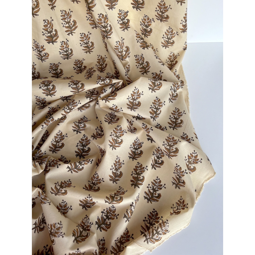 Tissu indien coton hand block traditionnel kaki / écru Batikou - 4