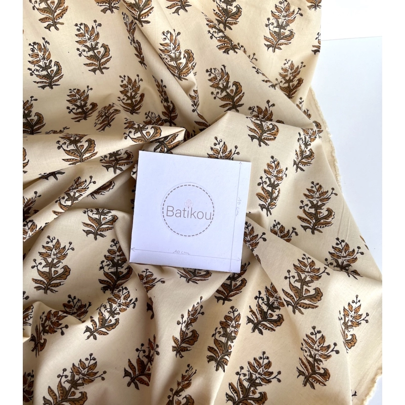 Tissu indien coton hand block traditionnel kaki / écru Batikou - 6