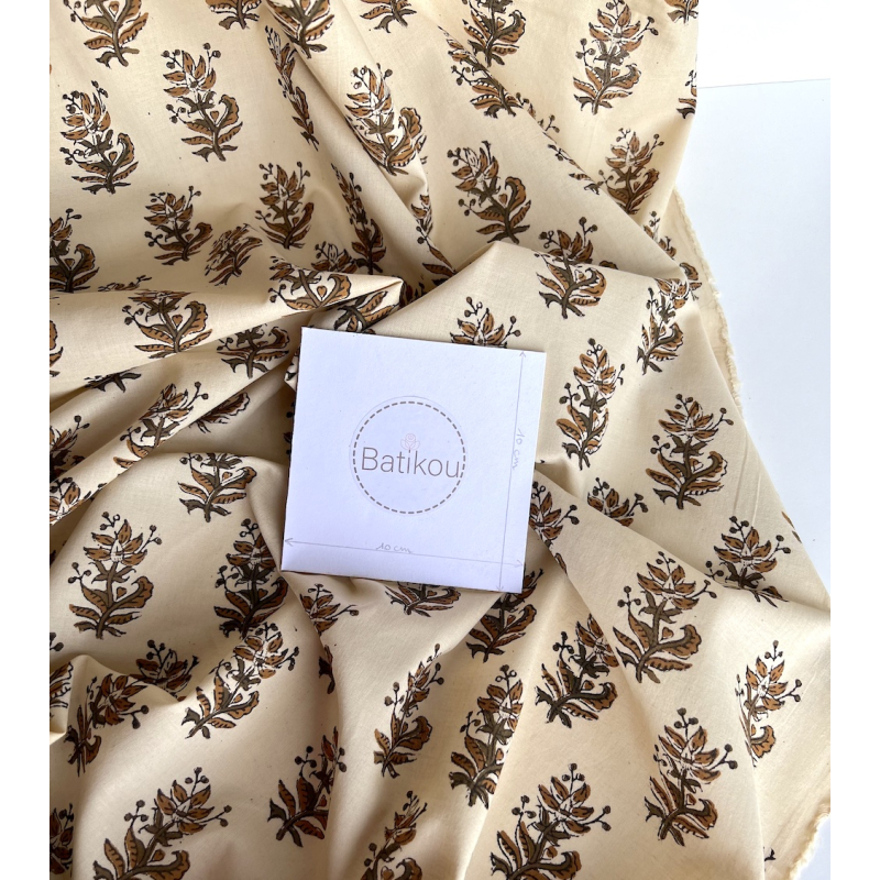 Tissu indien coton hand block traditionnel kaki / écru Batikou - 6