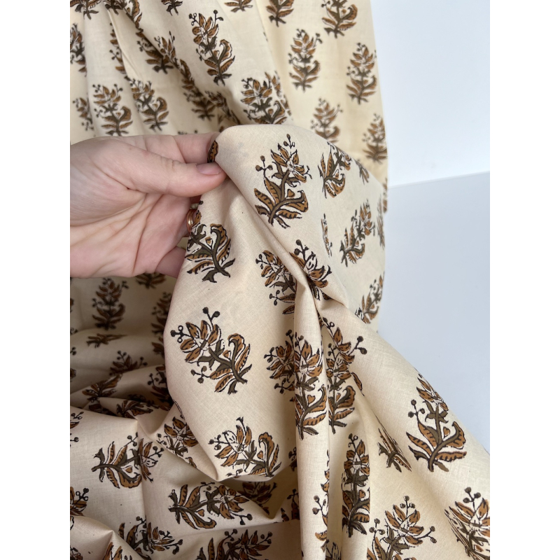 Tissu indien coton hand block traditionnel kaki / écru Batikou - 7