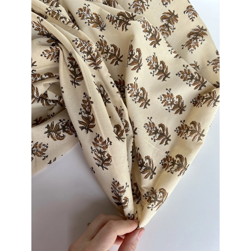 Tissu indien coton hand block traditionnel kaki / écru Batikou - 8