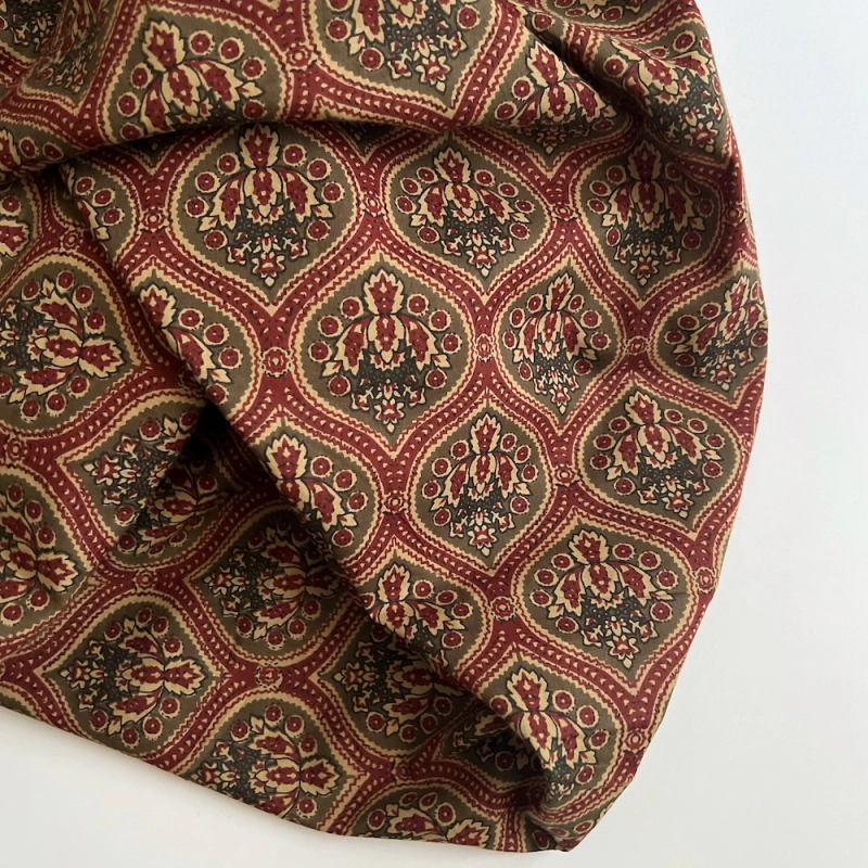 Tissu indien coton hand block traditionnel kaki / bordeau Batikou - 1